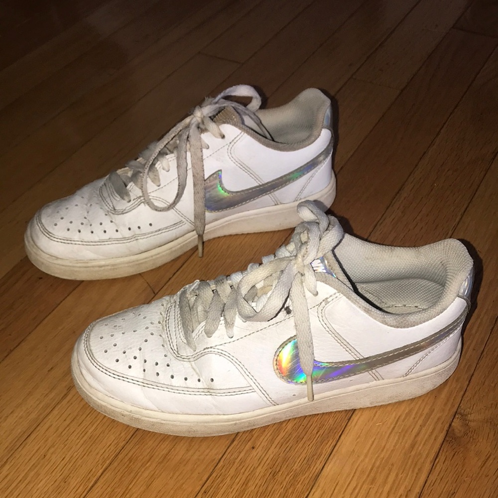 White Nike Sneakers with Iridescent Swoosh